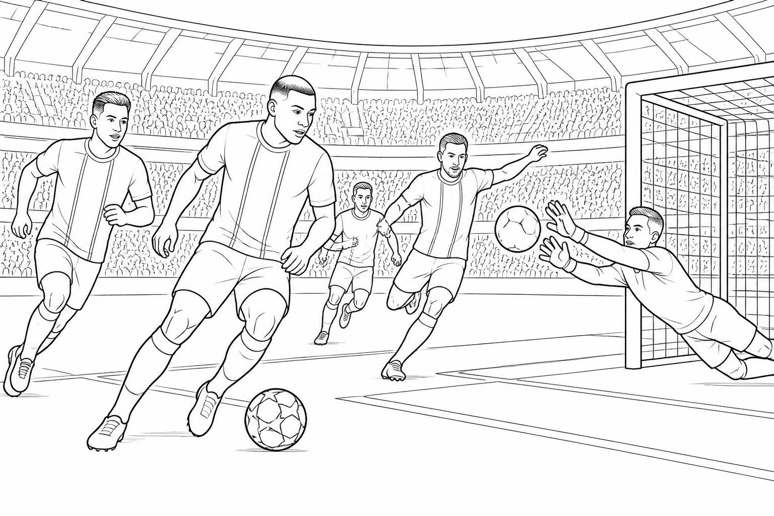 téléchargez et imprimez des coloriages de football pour enfants, avec des footballeurs, le psg et des scènes de match amusantes à colorier.